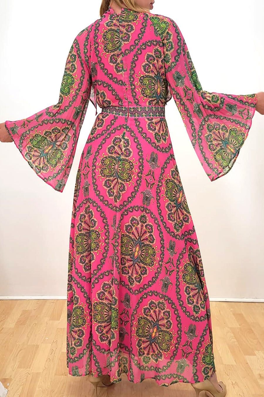 Long Sleeve Pleated Printed Chiffon Dress