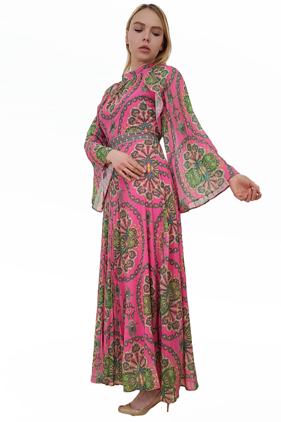 Long Sleeve Pleated Printed Chiffon Dress