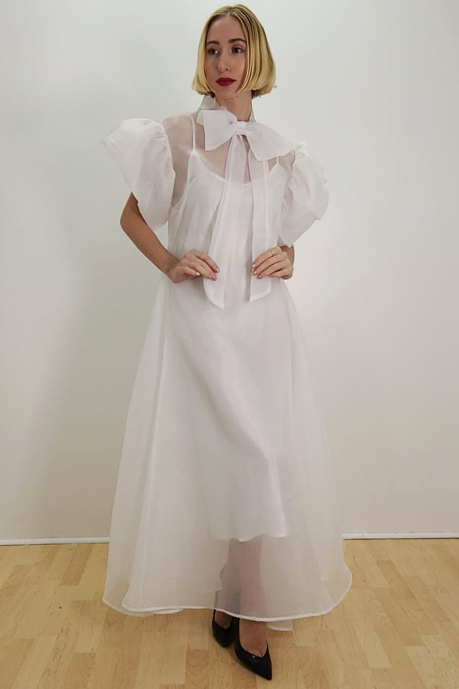 nancy yang ruffled sheer sleeve dress Nancy Yang Ruffled Sheer Sleeve Dress