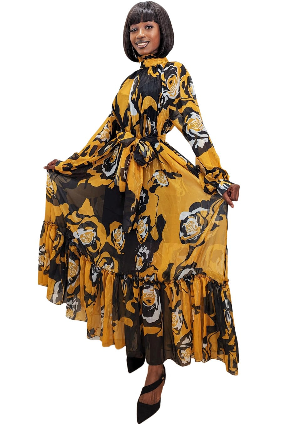 Long Sleeve Printed Wrap Belt High Neck Dress