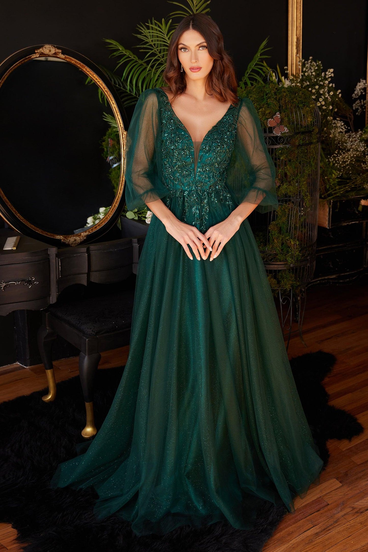 Long Sleeve Mother of the Bride Long Tulle Dress Emerald
