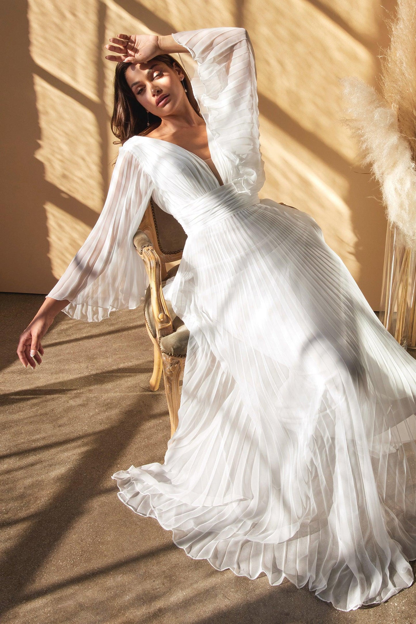 Pleated Long A Line Wedding Dress Off White