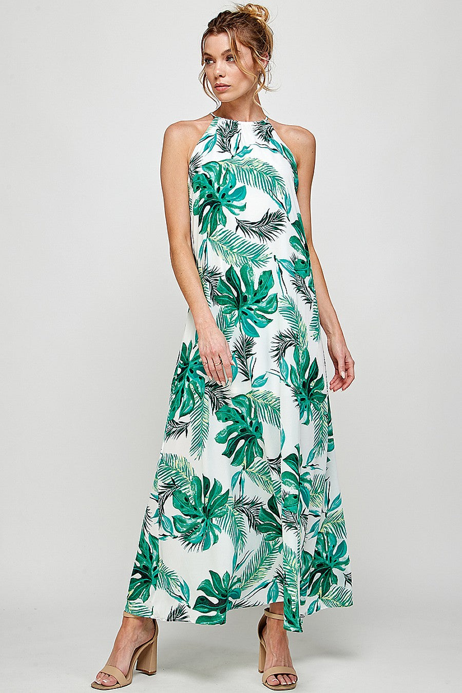 Pink/Green Long Halter Neck Tropical Print Maxi Dress for $49.99 – The