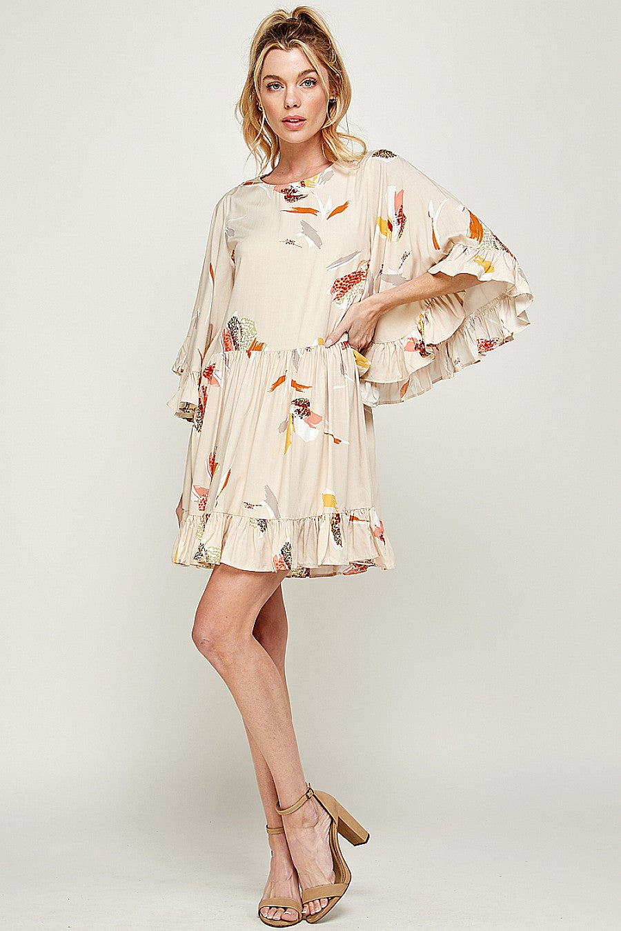 Cocktail Dresses Short Printed Ruffled Dress Taupe
