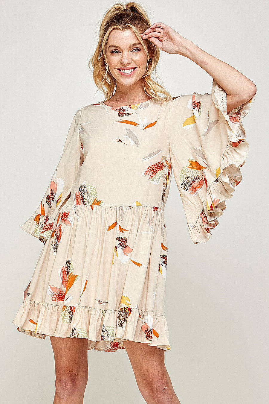Cocktail Dresses Short Printed Ruffled Dress Taupe