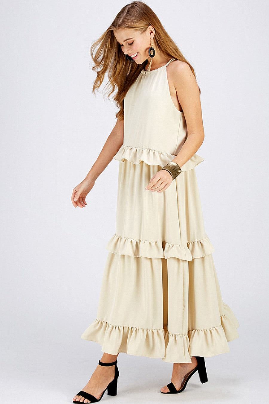 Long Halter Neck Ruffled Maxi Dress