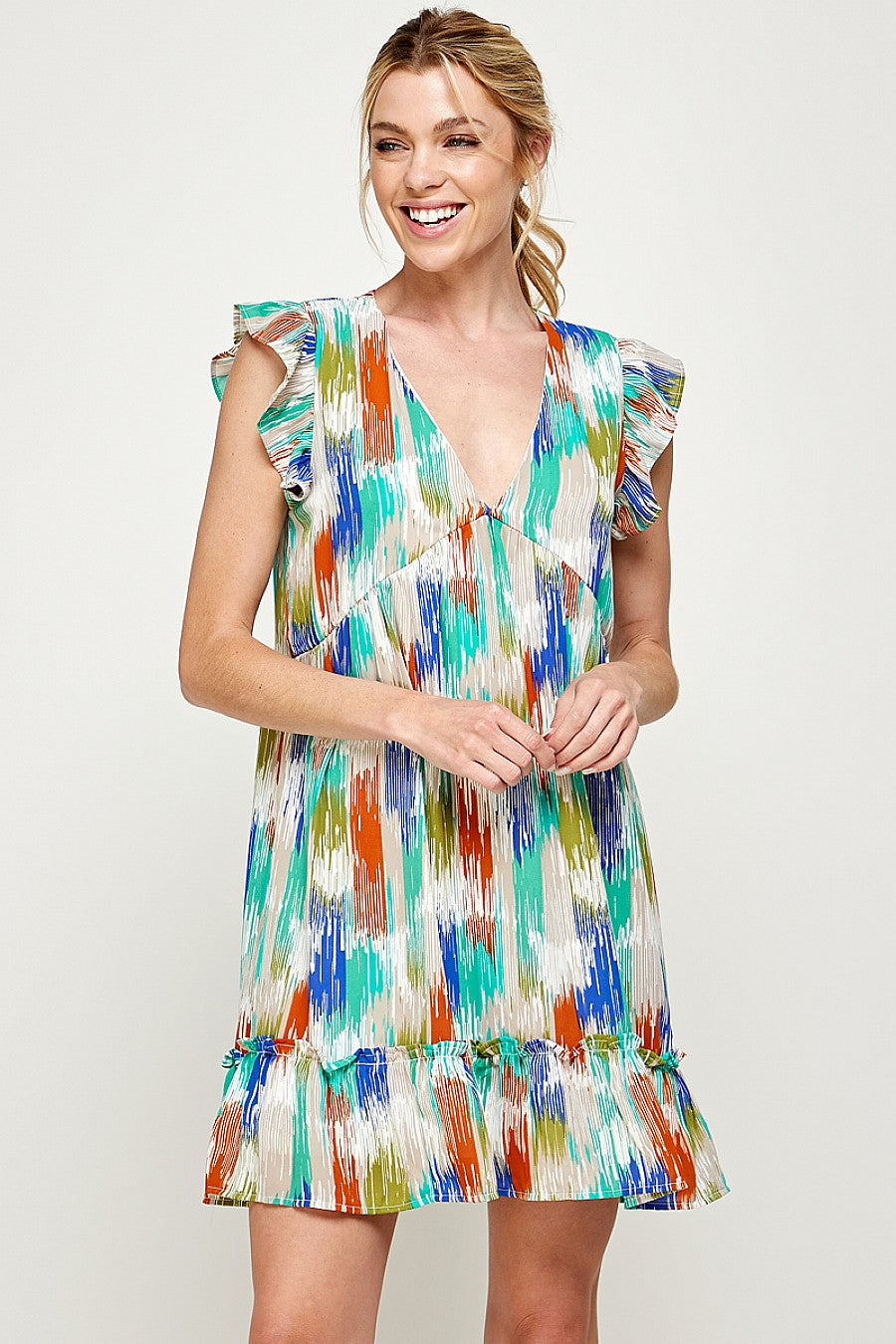 Short Sleeveless Brushed Print Ruffled Dress