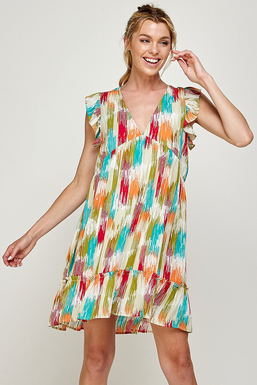 Short Sleeveless Brushed Print Ruffled Dress