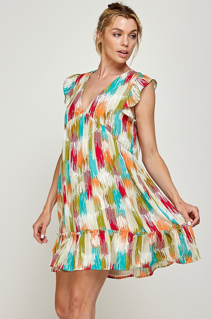 Short Sleeveless Brushed Print Ruffled Dress