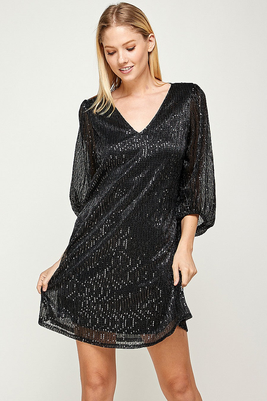 Short 3/4 Sleeve V Neck Mini Dress