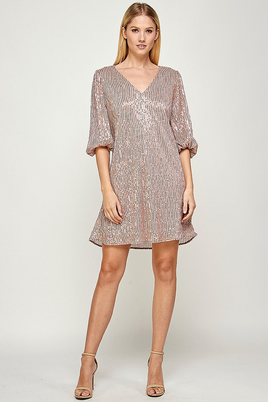 Short 3/4 Sleeve V Neck Mini Dress