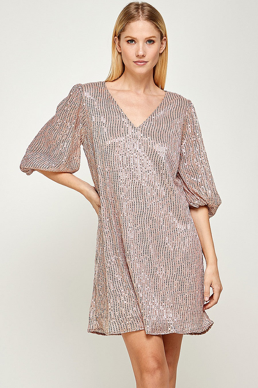 Short 3/4 Sleeve V Neck Mini Dress