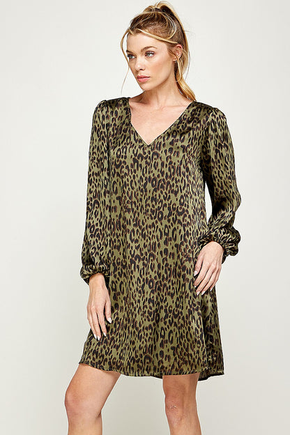 Cocktail Dresses Long Sleeve Leopard Print Satin Dress Olive