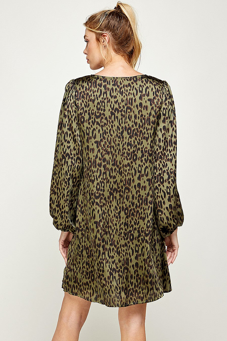 Long Sleeve Leopard Print Satin Dress