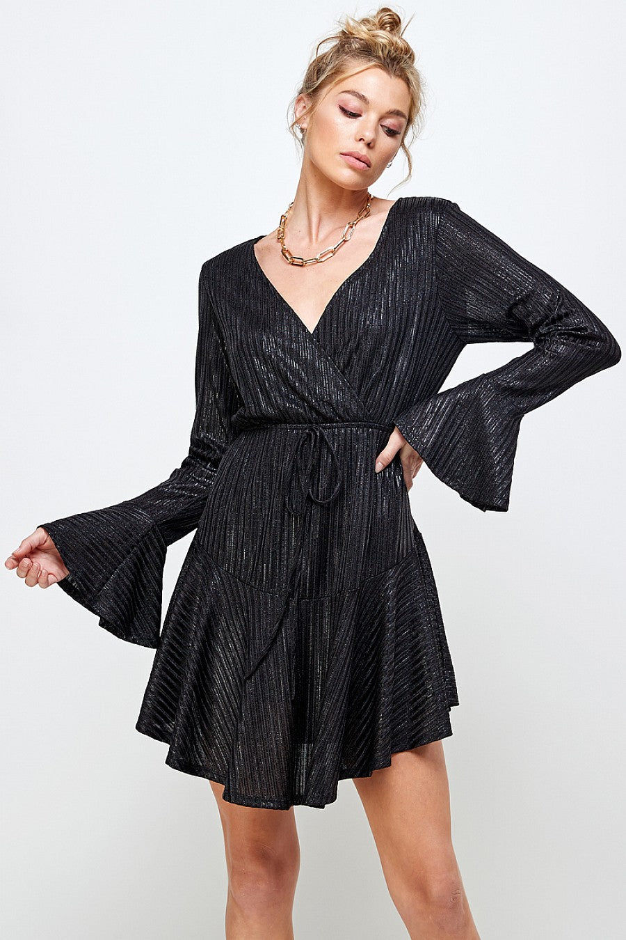 Long Sleeve V Neck Mini Dress