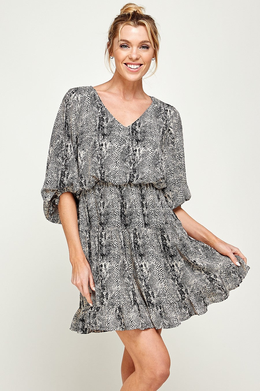 Short V Neck Printed Ruffled Dress