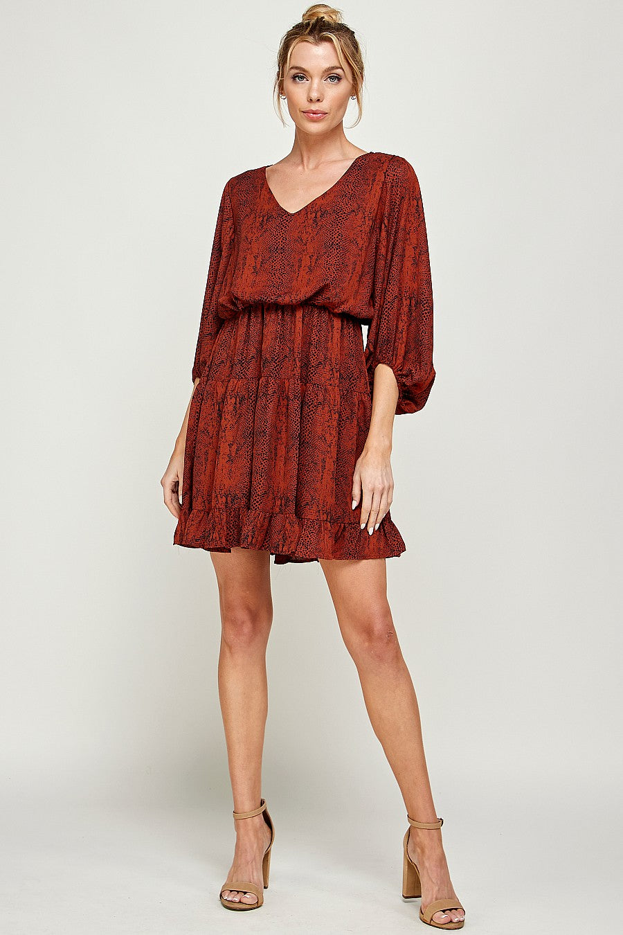 Short V Neck Printed Ruffled Dress