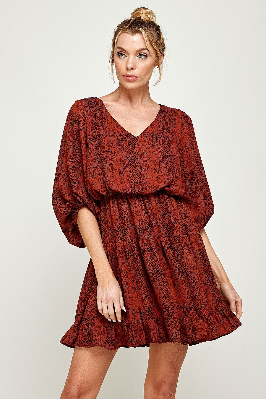 Short V Neck Printed Ruffled Dress