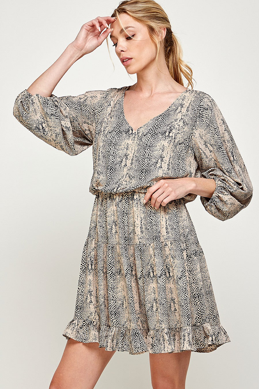 Short V Neck Printed Ruffled Dress