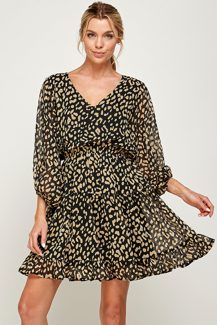 Cocktail Dresses Short Leopard Print Ruffled Dress Black
