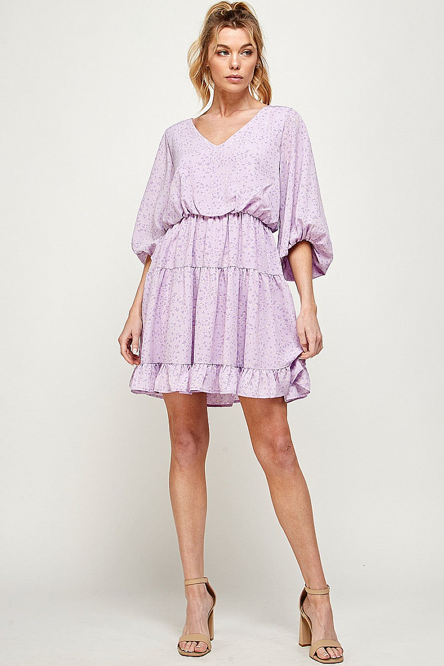 Short Printed Ruffled 3/4 Sleeve Dress