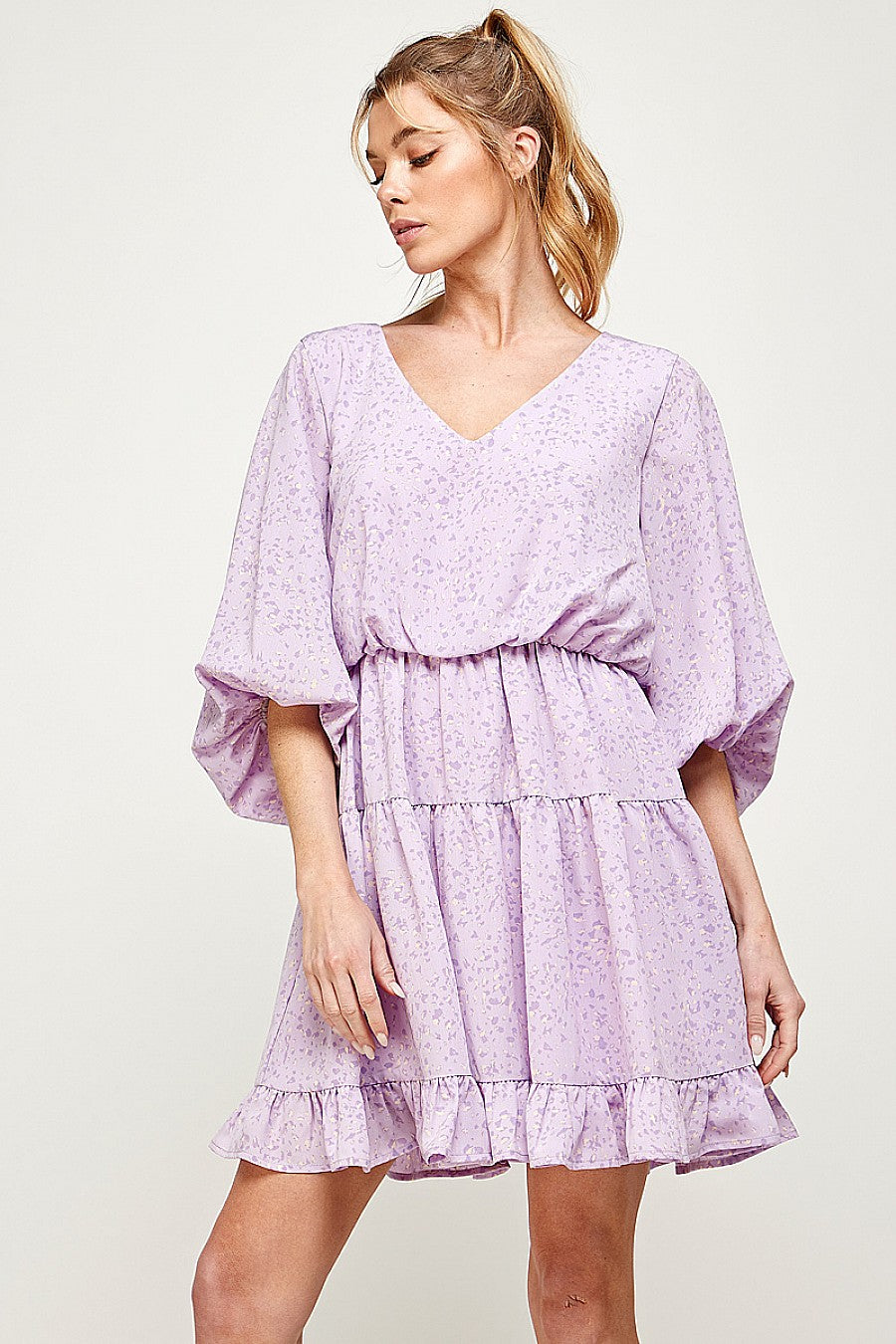 Short Printed Ruffled 3/4 Sleeve Dress
