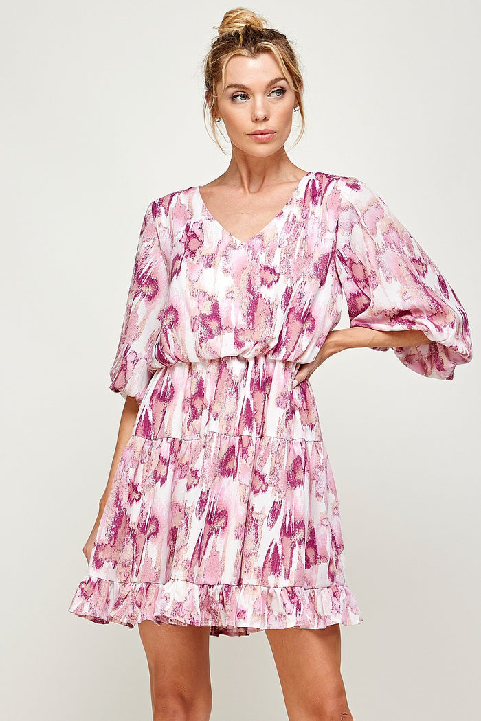 Cocktail Dresses Short 3/4 Sleeve V Neck Printed Dress Magenta