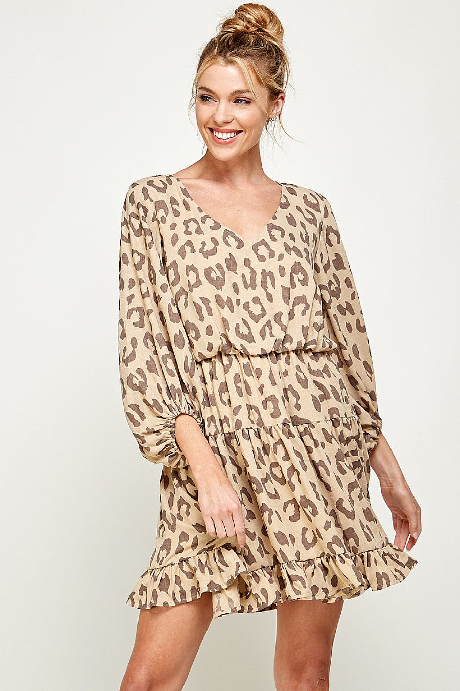 Short 3/4 Sleeve V Neck Printed Dress