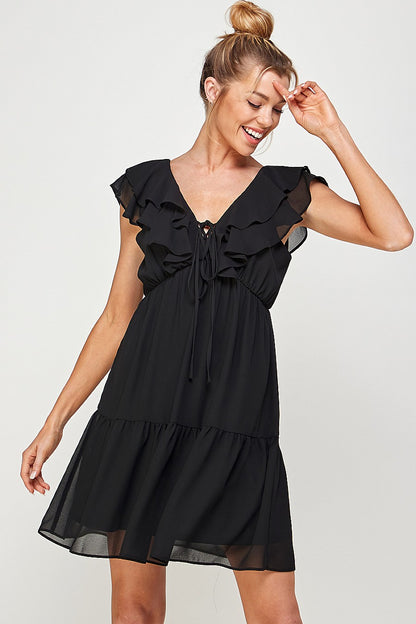 Cocktail Dresses Short V Neck Ruffled Mini Dress Black