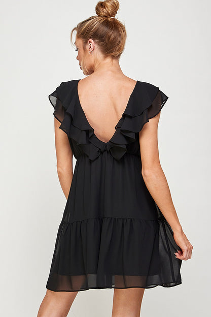 Cocktail Dresses Short V Neck Ruffled Mini Dress Black