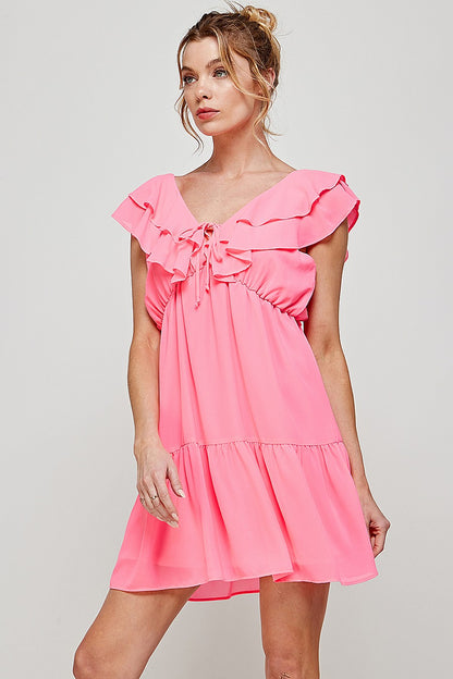 Cocktail Dresses Short V Neck Ruffled Mini Dress Neon Pink
