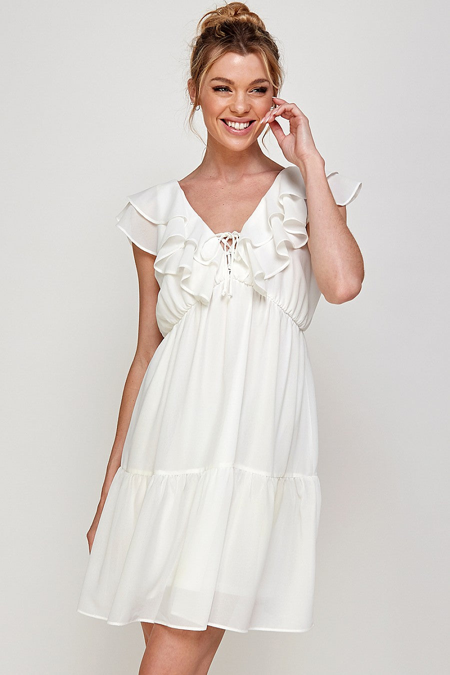 Cocktail Dresses Short V Neck Ruffled Mini Dress Off White