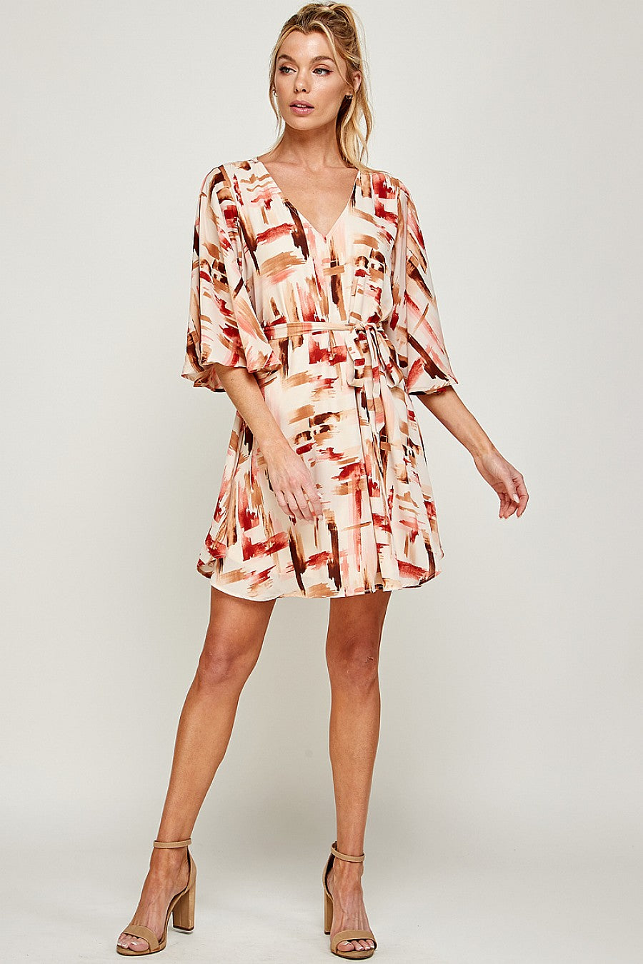 Short V Neck Brushed Print Belt Dress