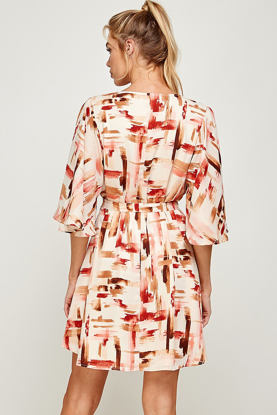 Short V Neck Brushed Print Belt Dress