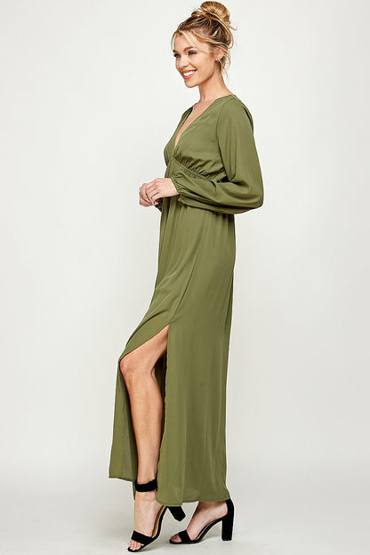 Formal Dresses Long Sleeve Side Slit Maxi Dress Olive