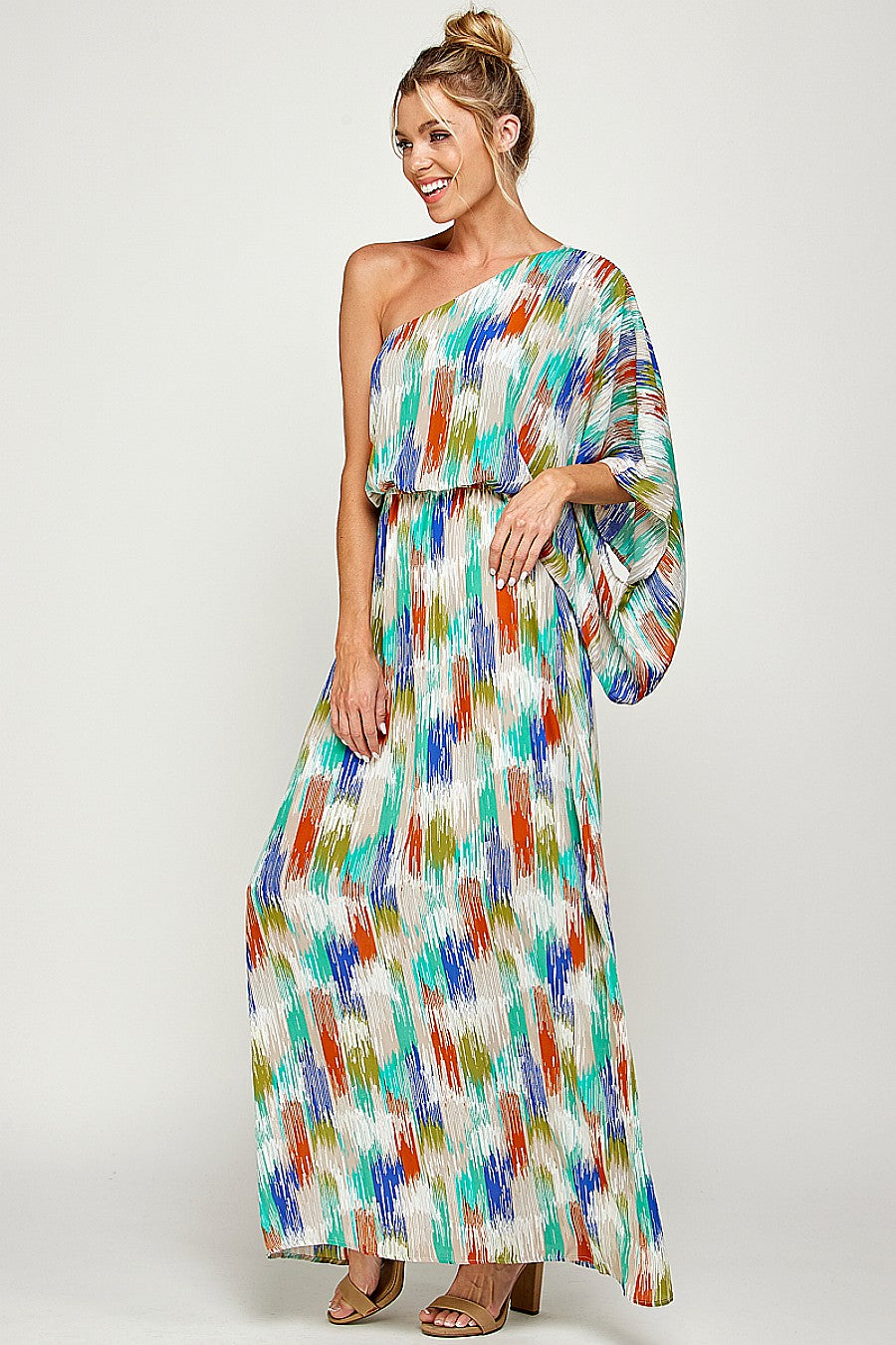 Long One Shoulder Brushed Print Maxi Dress