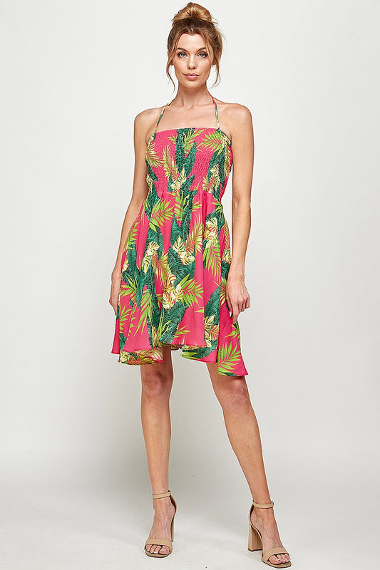 Cocktail Dresses Short Halter Neck Tropical Print Dress Fuchsia/Green