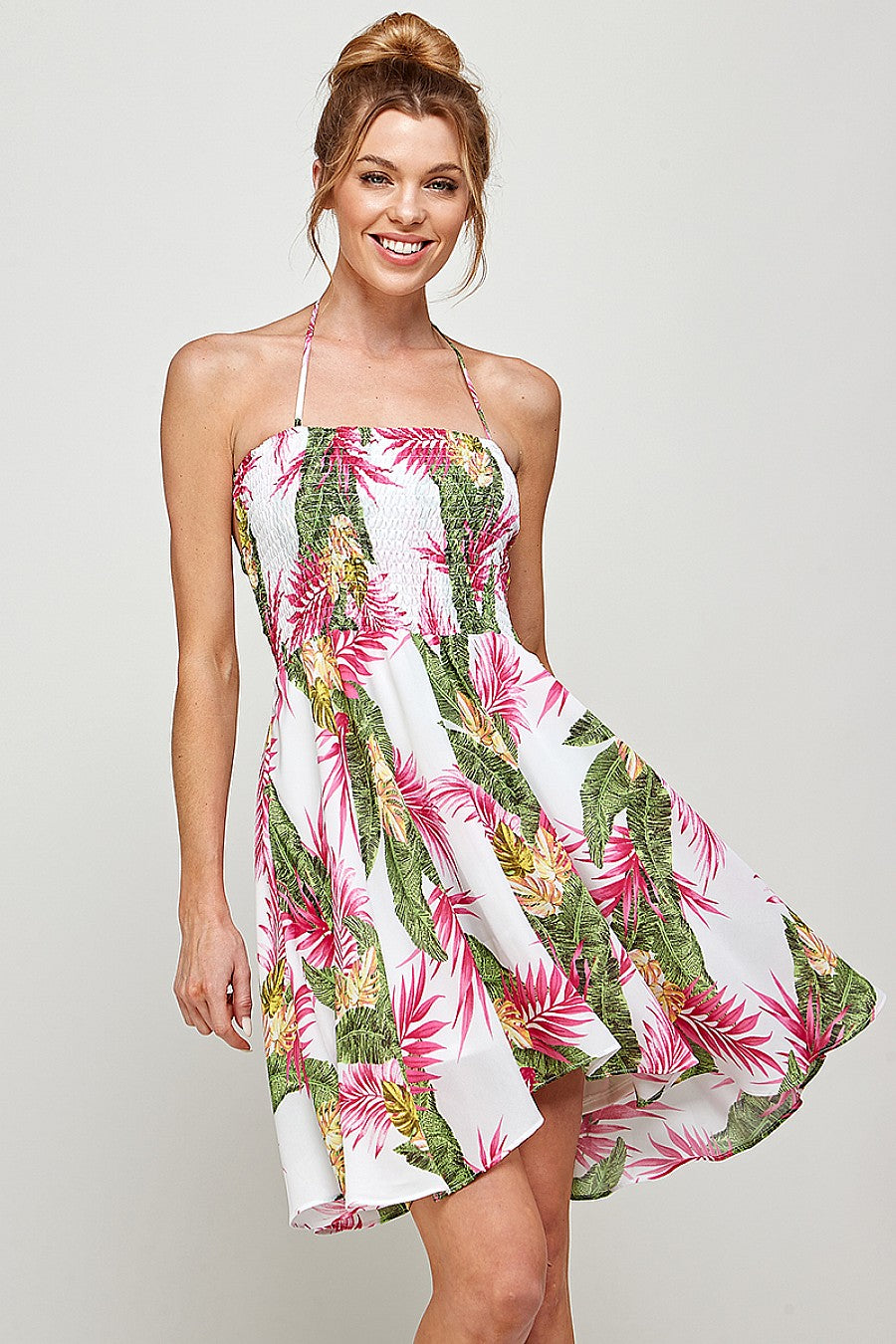 Fuchsia/Green Short Halter Neck Tropical Print Dress for $59.99 – The