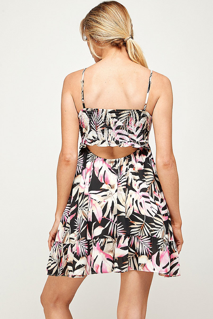 Short Spaghetti Strap Tropical Print Dress