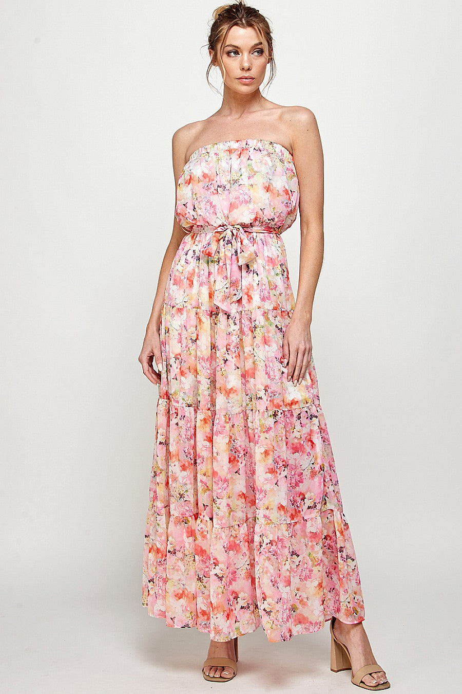 Formal Dresses Long Strapless Floral Print Maxi Dress Coral/Pink