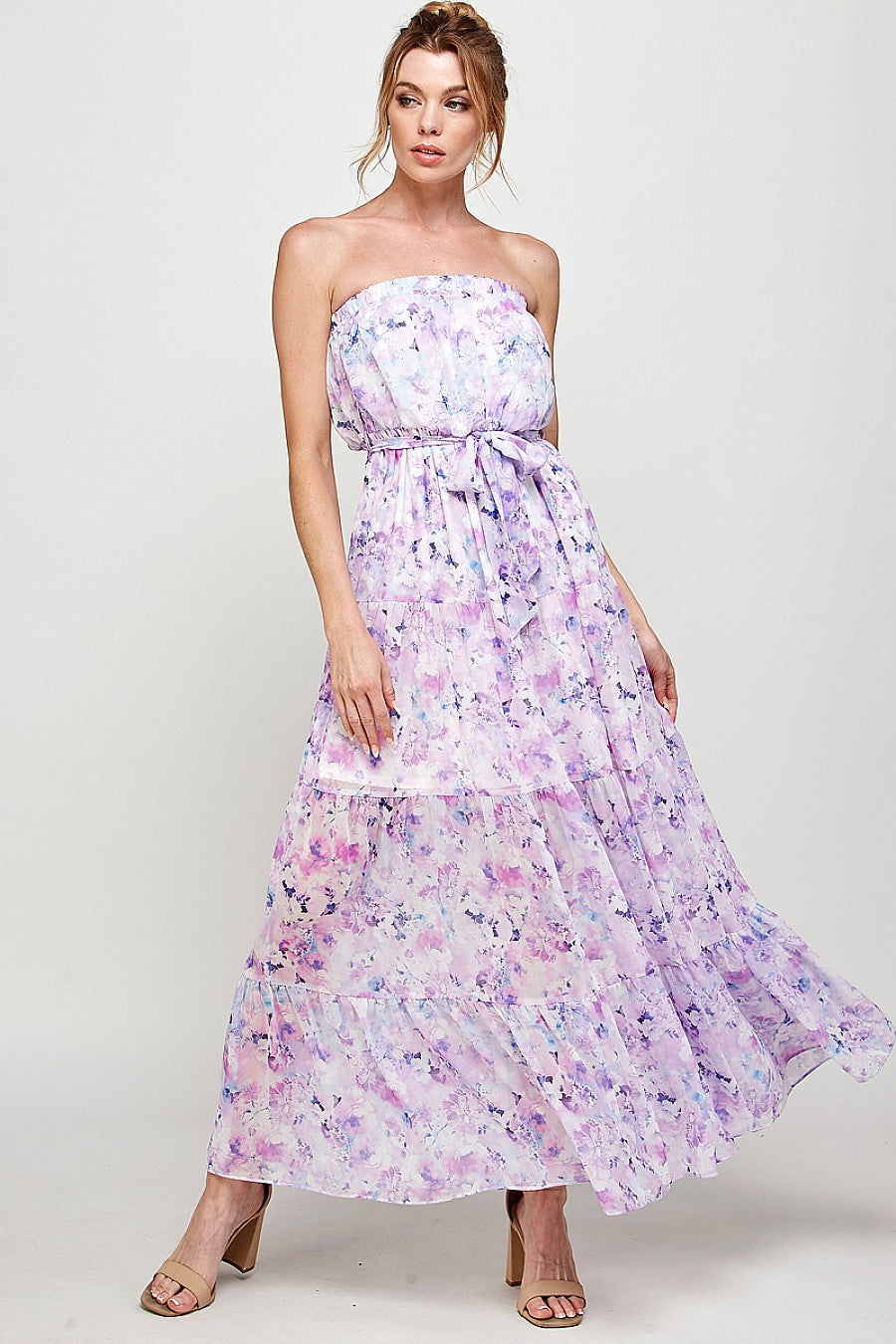 Formal Dresses Long Strapless Floral Print Maxi Dress Lavender