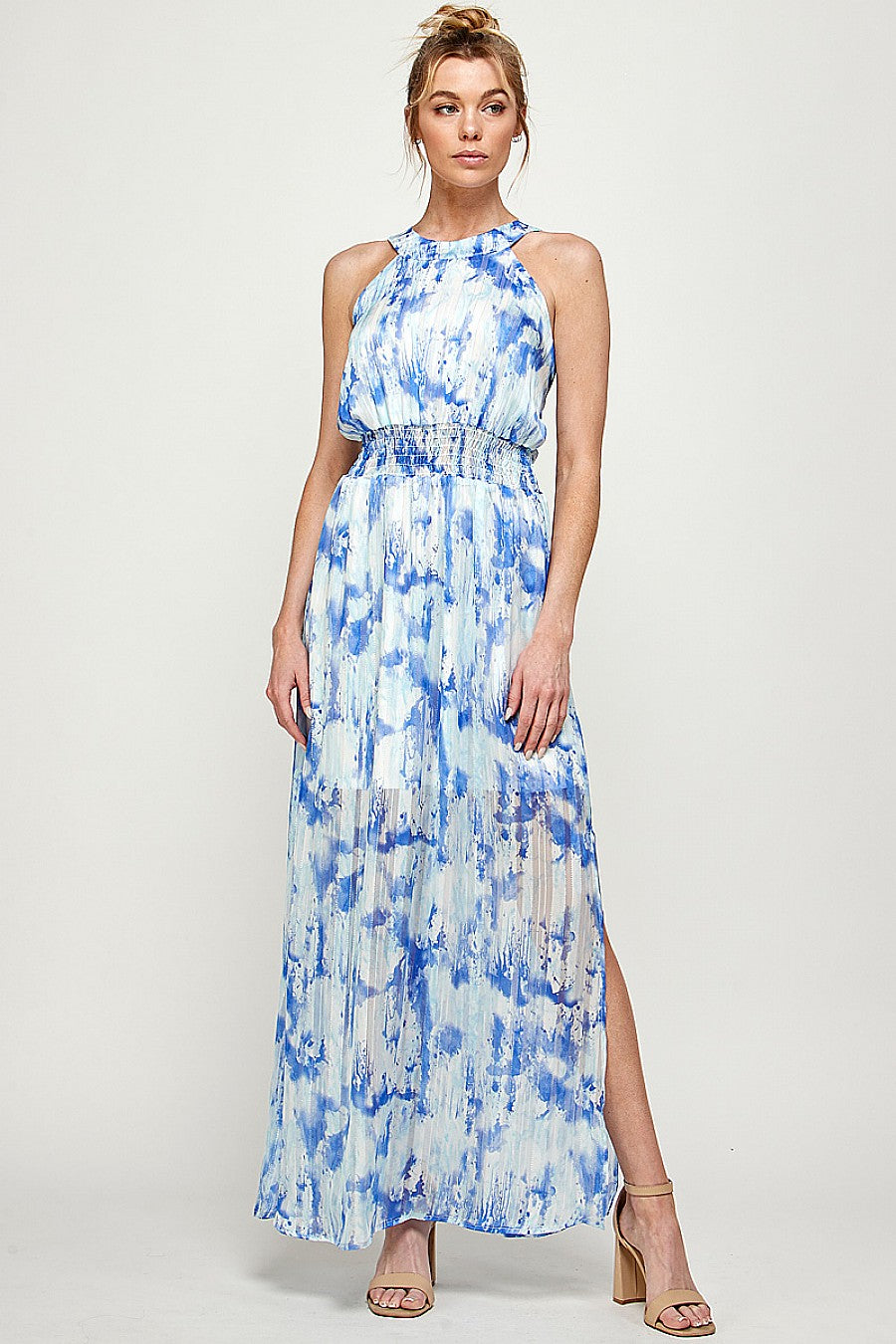 Neil Blue Slit Puff Sleeves Maxi Dress main image 0