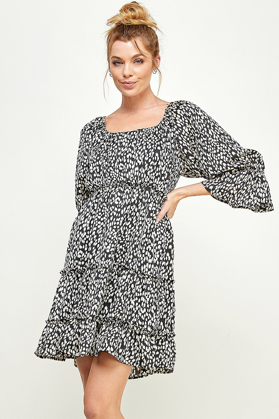 Short 3/4 Sleeve Printed Satin Dress