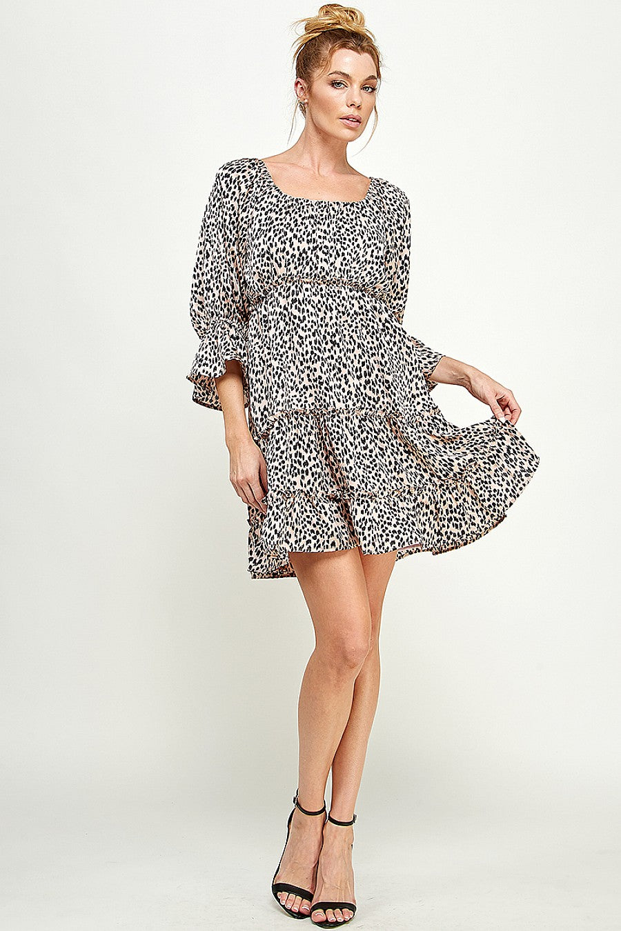 Short 3/4 Sleeve Printed Satin Dress