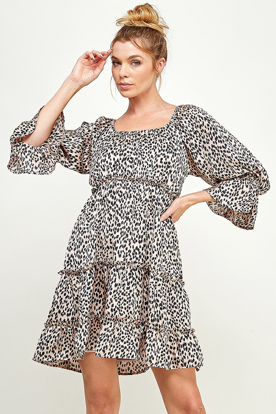 Short 3/4 Sleeve Printed Satin Dress