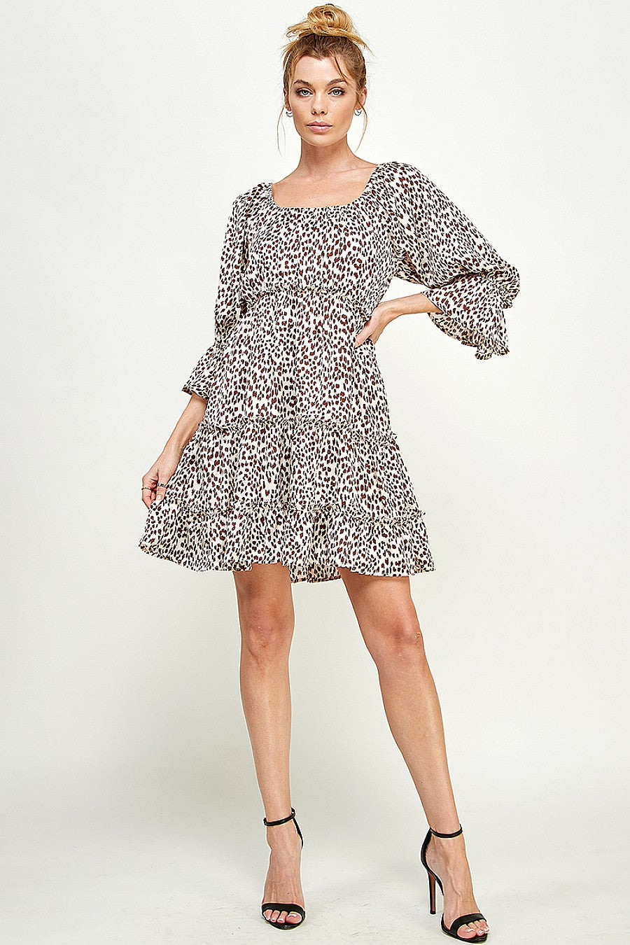 Short 3/4 Sleeve Printed Satin Dress