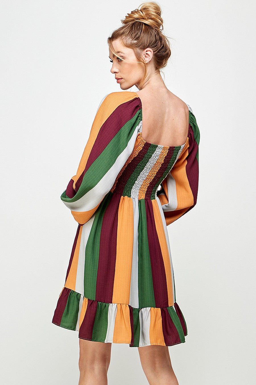 Long Sleeve Square Neck Stripe Short Dress