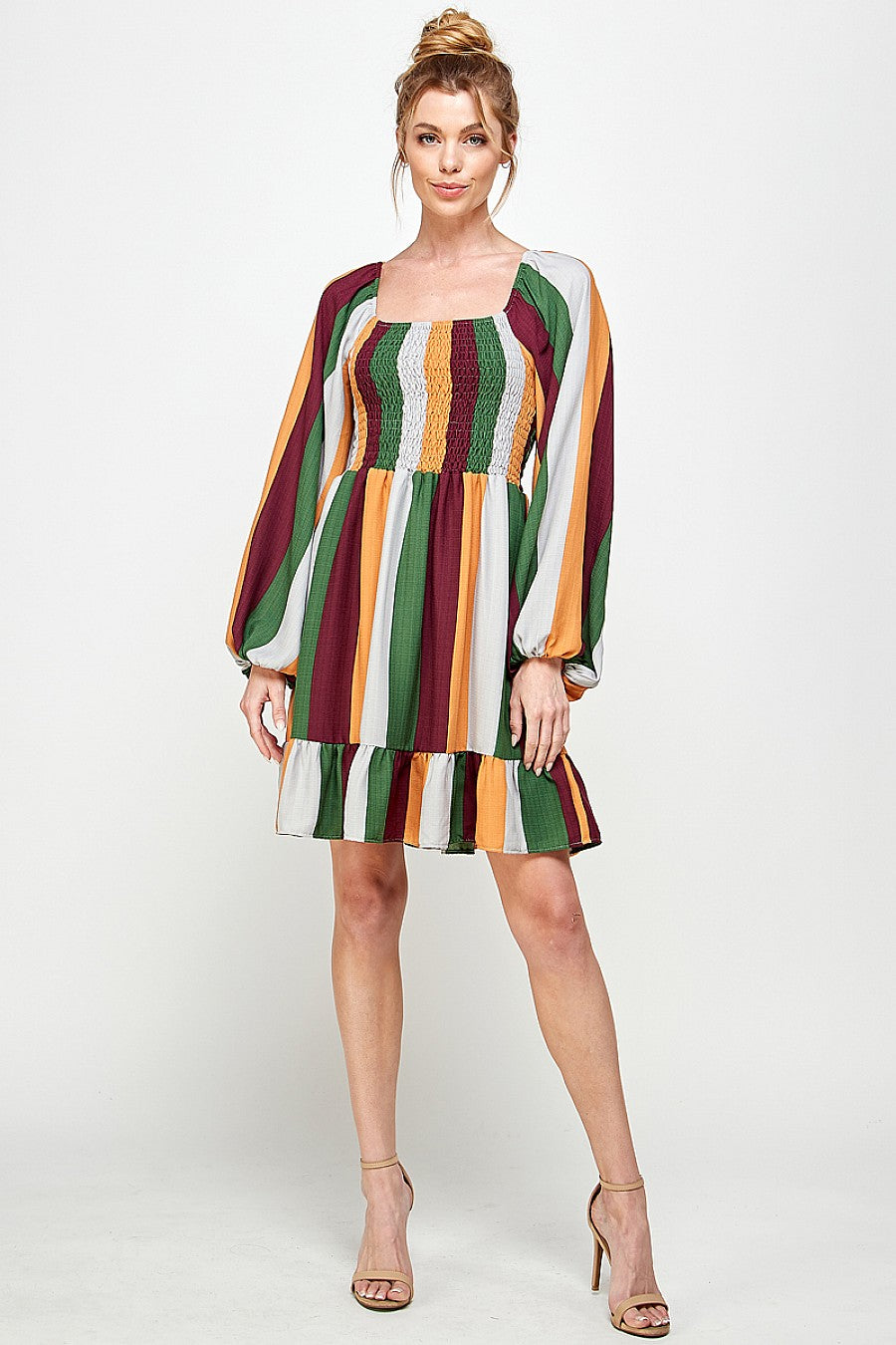 Long Sleeve Square Neck Stripe Short Dress