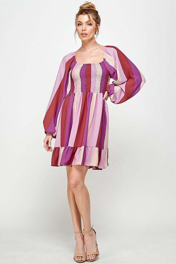 Long Sleeve Square Neck Stripe Short Dress