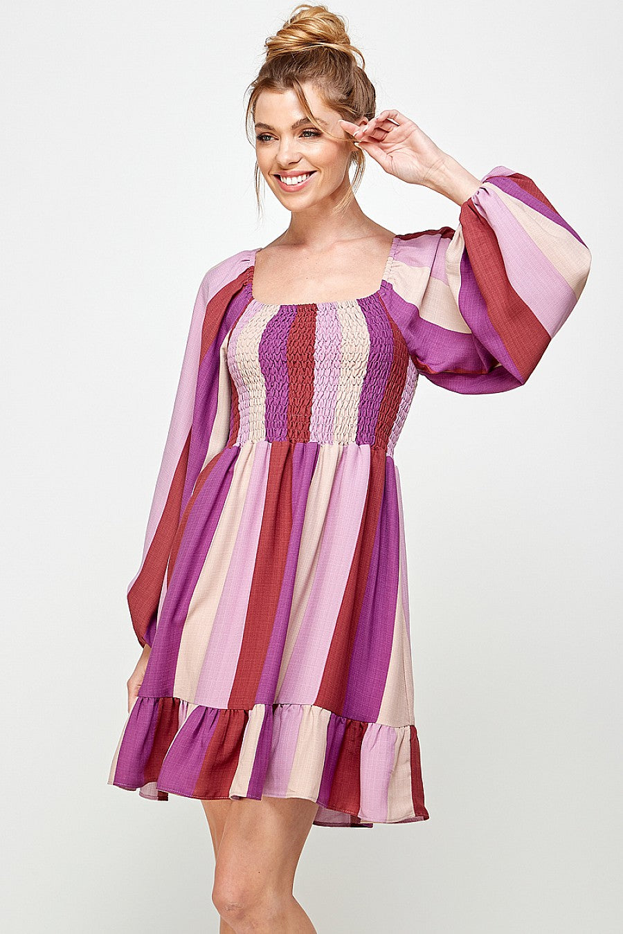 Long Sleeve Square Neck Stripe Short Dress